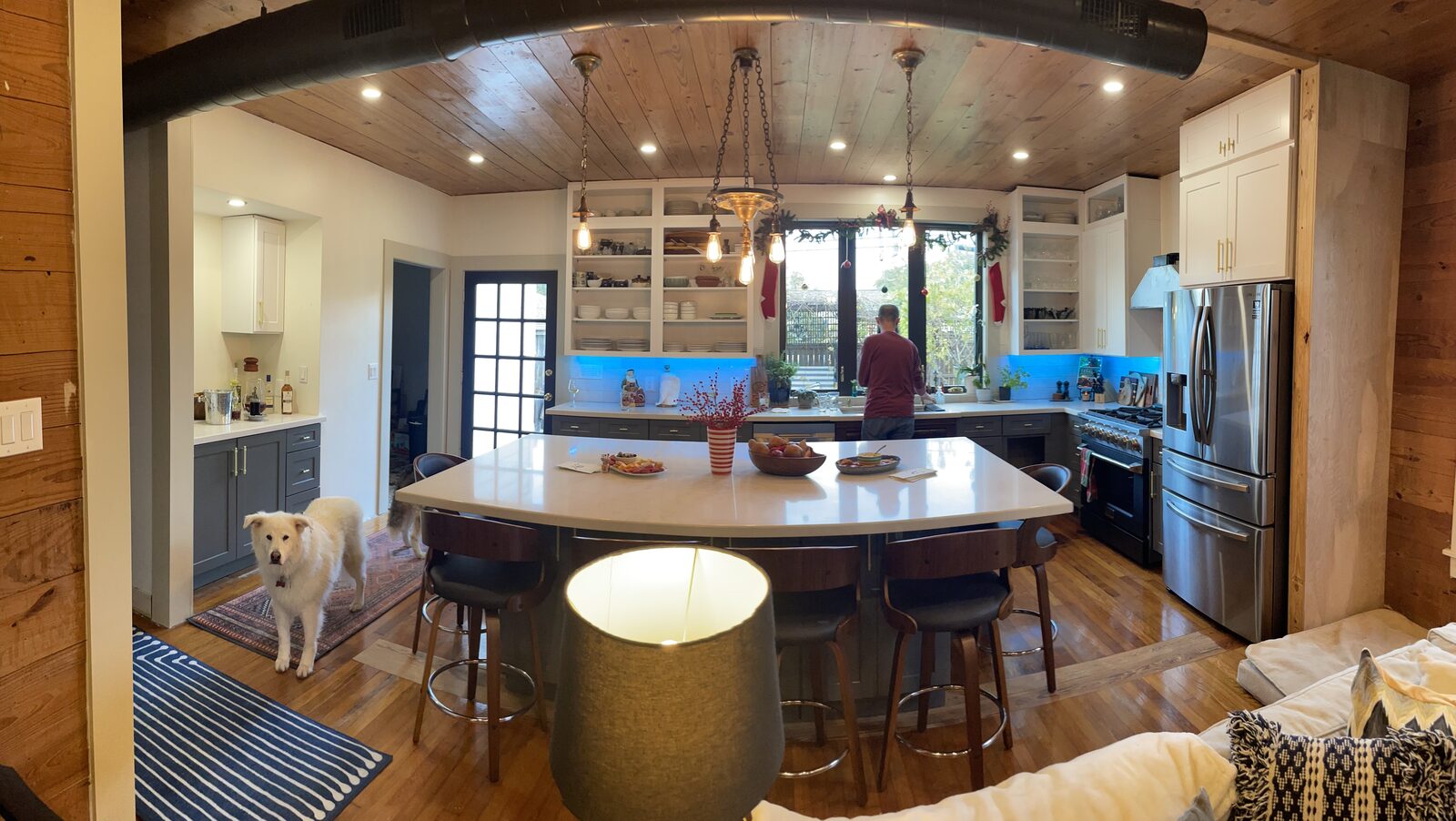 Finished Galveston kitchen renovation with custom island and wood ceiling